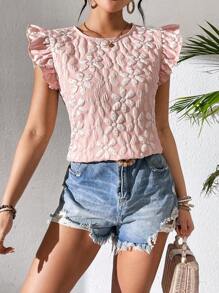 Breezaya Floral Texture Short Flounce Sleeve Casual Top   Women Shirts