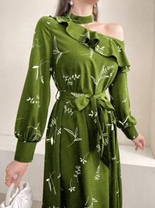 Mulvari Đầm Maxi Tay Dài In Họa Tiết Thực Vật Cổ Bất Đối Xứng Có Thắt Lưng Ren Xếp Ly Viền Dài Cho Nữ - màu xanh lá - Xem 6