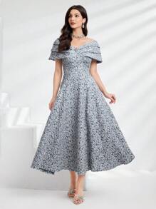 Modelyn Damen Sommer elegant Blumen Jacquard plissiertes Off-Shoulder langes Kleid Abendkleid