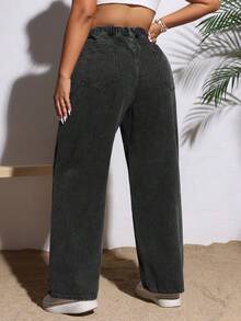 SHEIN VCAY Plus Size Vacation Leisure Water Wash Straight-Leg Jeans - Black - View 2