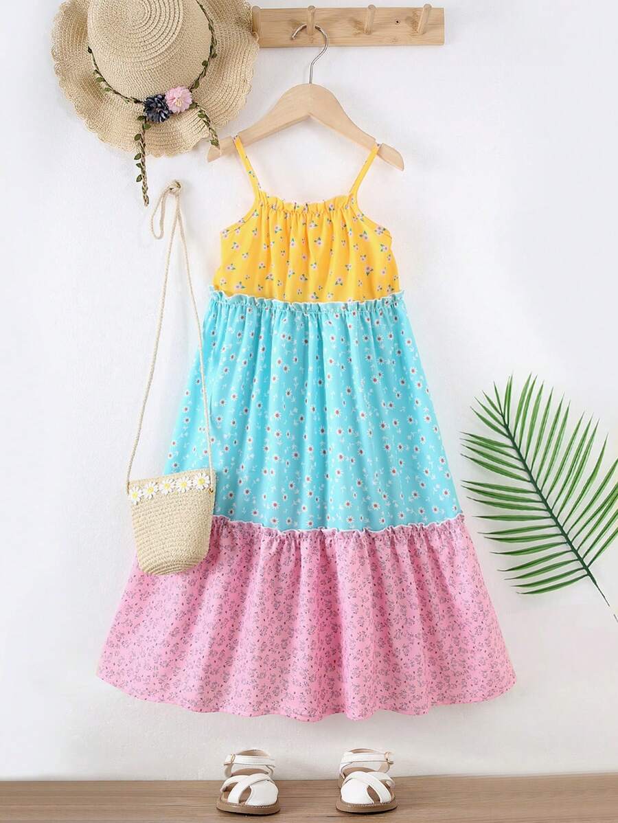 SHEIN Young Girl Sweet Summer Holiday Square Neckline Hollow Burn Flower Color Block Dress - Multicolor - View 1