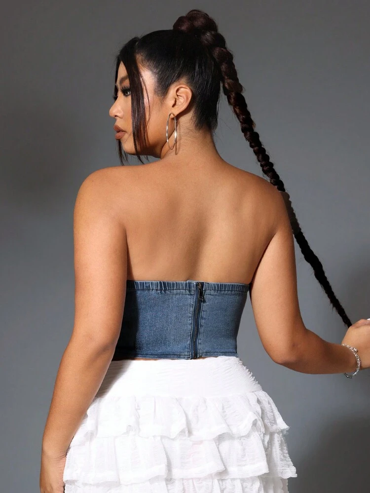 Fashionable Denim Top For Plus Size Women With Diamond Heart Decorated Bodice