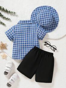 Plaid Pattern Denim Effect Shirt, Hat And Shorts Street Fashion Baby Boy Infant Outfit - Blue - View 2