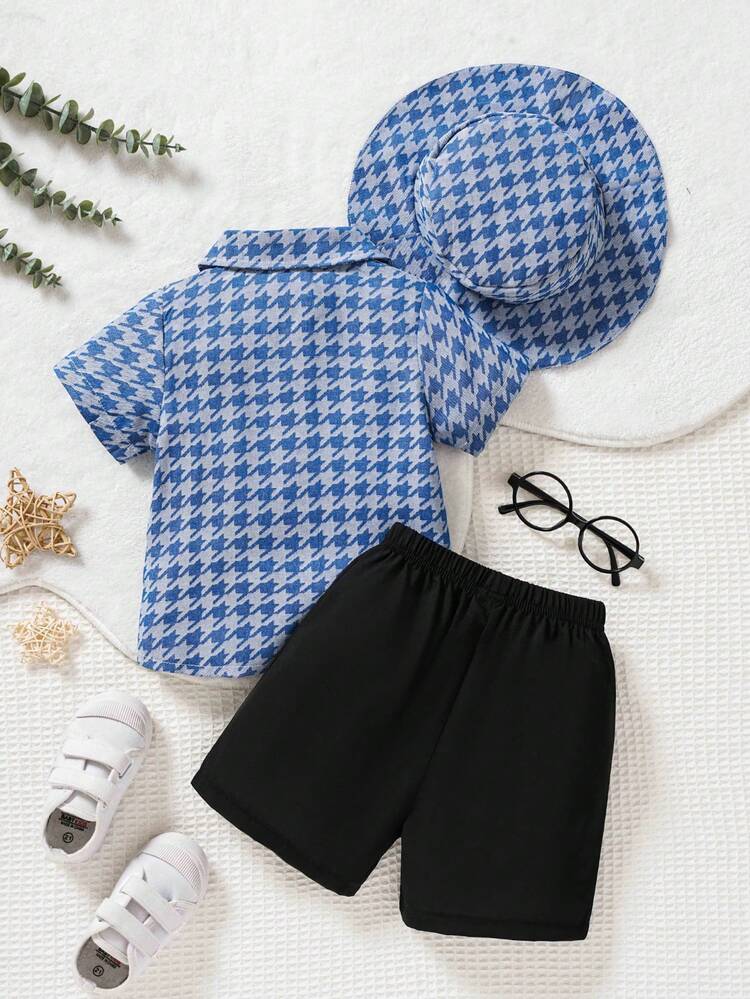 Plaid Pattern Denim Effect Shirt, Hat And Shorts Street Fashion Baby Boy Infant Outfit