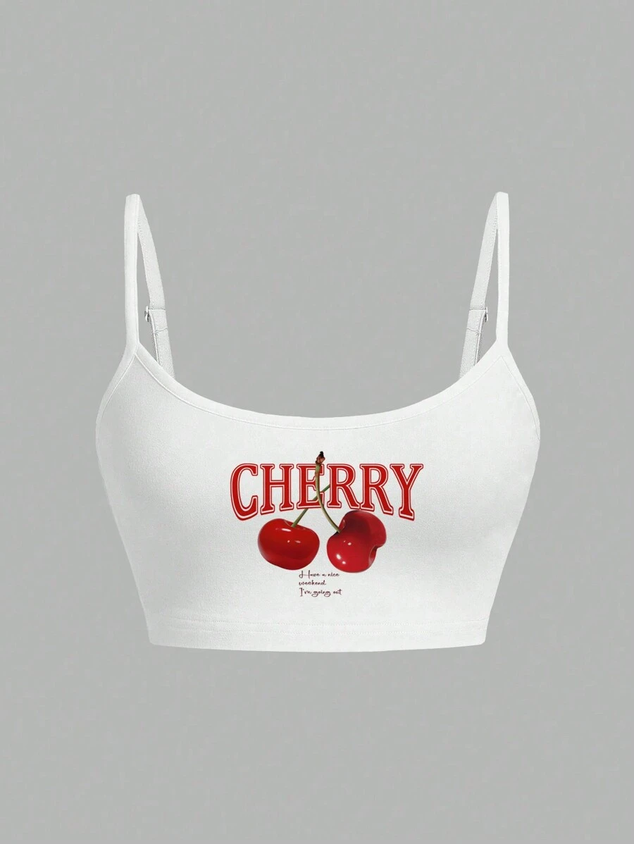SHEIN EZwear 樱桃图案白色休闲性感吊带背心，女士修身款，适合夏季 - 白色 - 查看 1