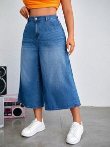 SHEIN EZwear Pantalón Vaquero Capri De Pierna Ancha Informal Y Holgado Para Mujeres De Talla Grande
