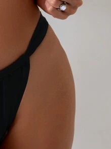 SHEIN Swim 女士简约纯色度假比基尼泳裤，夏季沙滩 - 黑色 - 查看 3