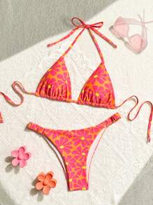 Swim Mod 夏季海滩花卉印花吊带比基尼套装泳衣随机图案 - 彩色 - 查看 1