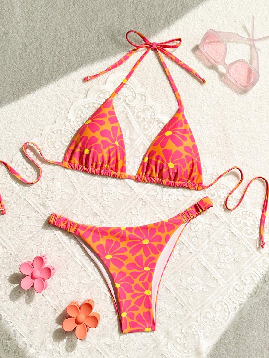 Swim Mod 夏季海滩花卉印花吊带比基尼套装泳衣随机图案 - 彩色 - 查看 1