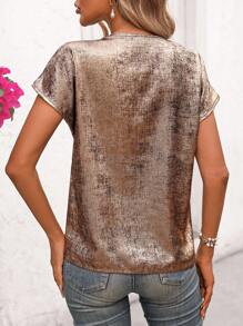 SHEIN Clasi Áo sơ mi ngắn tay đơn giản màu tương phản cho nữ mặc hàng ngày - Cà phê nâu - Xem 2