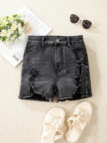 Teen Girl Vintage Denim Shorts With Frayed Hem And Ripped Holes