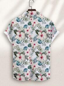 Manfinity RSRT 男士夏日假期風格熱帶植物印花短袖休閑襯衫，修身款袖扣立領圖案襯衫，假期海灘男友禮品 - 灰色 - 查看 2