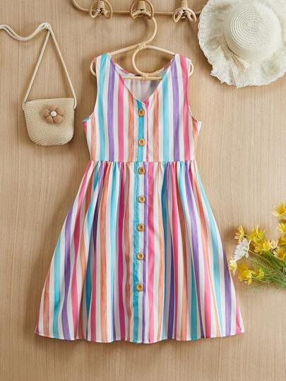 SHEIN Tween Girl Casual Spring Summer Woven Colorful Striped Sleeveless Dress Holiday Outfits