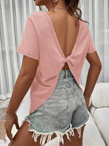 SHEIN Essnce Áo thun ngắn tay nút thắt xoắn hở lưng thông thường mùa hè - Hồng - Xem 4