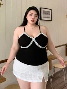 Dazy Plus Plus Size Summer Slim Fit Color Block Lace Splice Sexy Camisole Top