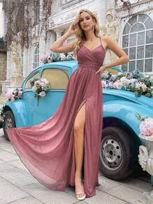 QOQ闪亮伴娘礼服，时尚女孩正式礼服，女士长款正式礼服，适合婚礼、正式活动、婚礼宾客、晚宴、订婚派对，褶皱高开衩无袖连衣裙