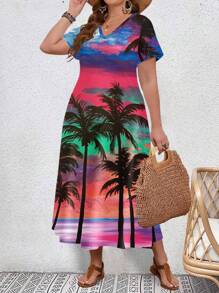 SHEIN Holidaya 大尺碼女性夏季度假棕櫚樹印花 V 領短袖長裙優雅連衣裙 - 中紫紅色 - 查看 1