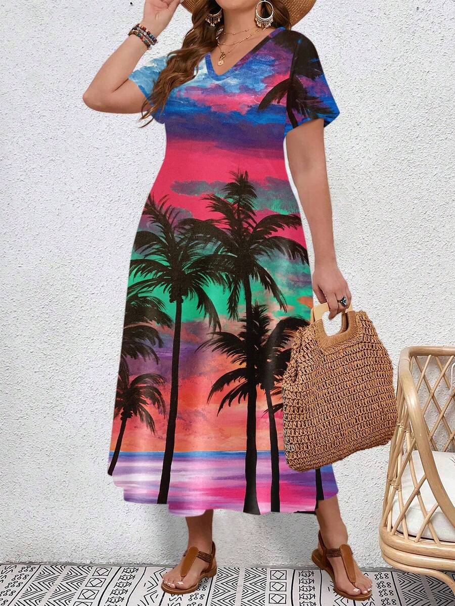 SHEIN Holidaya 大尺碼女性夏季度假棕櫚樹印花 V 領短袖長裙優雅連衣裙 - 中紫紅色 - 查看 1