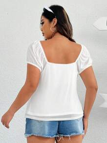 SHEIN EZwear 女士加大碼純色方領系帶短袖t恤 - 白色 - 查看 2