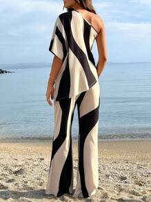 EURMUSE Color Block, One Shoulder, Batwing Sleeve Top & Flared Trousers - Multicolor - View 2