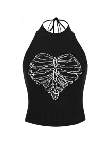LineHome Artist Women Knitted Heart And Skull Pattern Halter Top, For Summer, Holiday, Vacation, Going Out, Festival, Ibiza Fits