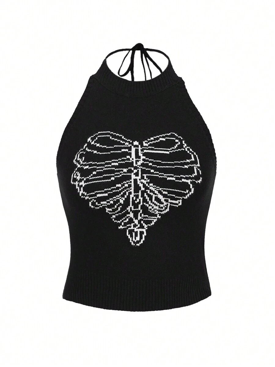 LineHome Artist Women Knitted Heart And Skull Pattern Halter Top, For Summer, Holiday, Vacation, Going Out, Festival, Ibiza Fits