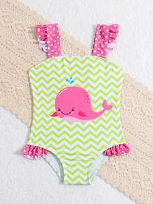 Baby Girl Vacation Wave Stripe Cartoon Print Colorblock Ruffle Trim Cute One-Piece Swimsuit - Multicolor - View 5