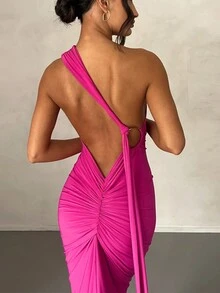 Vestido de verano sexy con un hombro, espalda descubierta, fruncido y cola de pez para mujeres - Rosa Fucsia - Ver 5