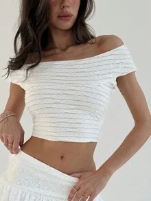 Aloruh Áo thun nữ cổ tròn tay ngắn vải họa tiết cắt ngắn màu trắng trơn cho những buổi đi chơi thường ngày - trắng - Xem 3