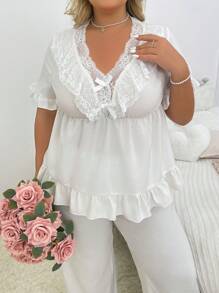 Plus Size Lace Splicing V-Neck Drawstring Short Sleeve Long Pants Pajama Set