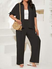 EURMUSE Plus Solid Button Front Shirt & Wide Leg Trousers - Black - View 4