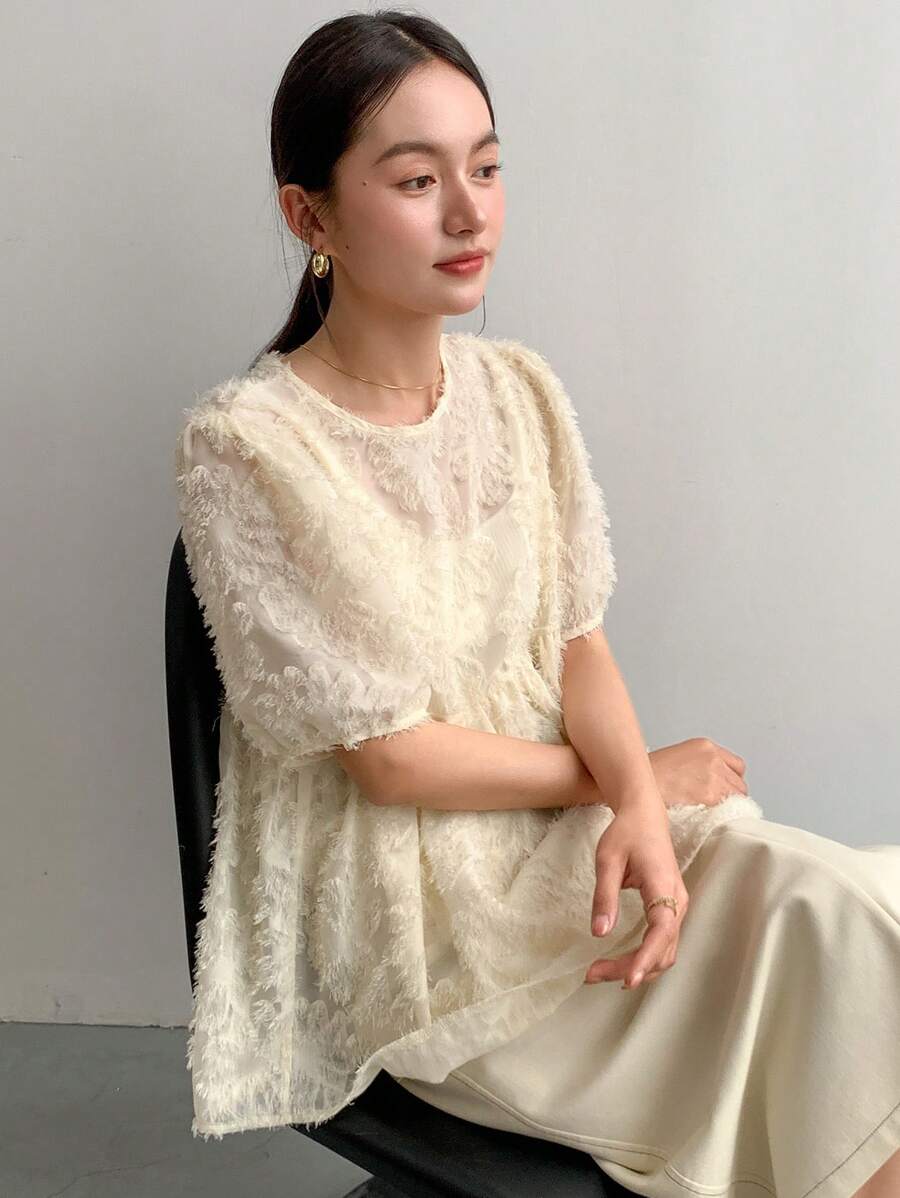 FRIFUL Chemise d'été femme avec col Peter Pan vintage à fleurs ajourées, à volants