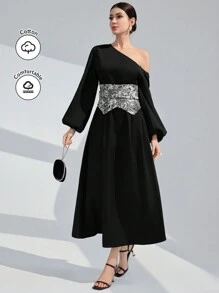 Modelyn Asymmetrisches Blume Muster Kleid für Damen mit Lanternenärmeln und geraffter Taille