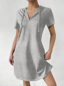 SHEIN Essnce Phụ Nữ Mùa Hè Dây Kéo Nửa Khóa Kéo Tay Cánh Dơi Áo Có Mũ Trùm Đầu Thường Ngày - Xám - Xem 5