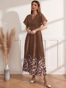 Mulvari 優雅長款花卉裙，收腰設計，適用於春夏 - 咖啡棕 - 查看 4