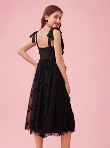 Enchnt Women Summer Elegant Spaghetti Strap Dress With 3D Floral Decoration, Mesh Contrast And Ruffled Hem