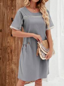 EMERY ROSE Women Lace Patchwork Short Sleeve Summer Dress - Grey - View 3
