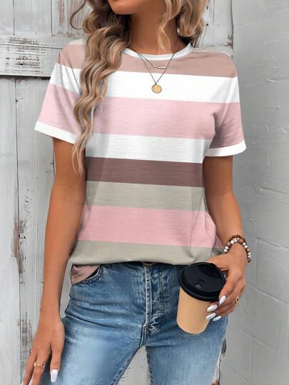 EMERY ROSE Striped Colorblock Short Sleeve Fitted T-Shirt, Casual Summer Style