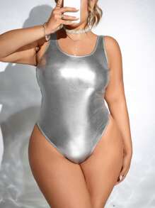 Swim EVENT Plus Size Summer Beach Metallic Backless One-Piece Swimsuit For Vacation, Swimming Pool - Silver - View 2