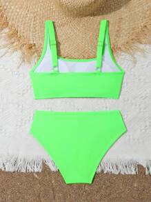 SHEIN Tween Girl Summer Beach Fluorescent Green Top And Bottom Casual Neon Bikini Set Bathing Suit For Swimming - Mint Green - View 2