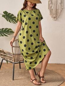 EMERY ROSE Đầm dài chấm bi đen trắng cỡ lớn dành cho nữ cho mùa xuân - xanh quân đội - Xem 4