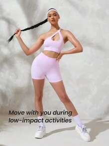 SHEIN Sport Studio Summer Solid Color Rib-Knit Hollow Out One-Shoulder Top And Wide Waist Short Shorts Seamless Slim Fit Sportswear Set