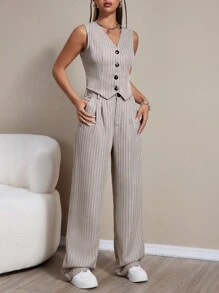 Chiquease Women Summer Striped Single-Breasted Suit Vest And Pants Loose Casual Daily Workwear Set
