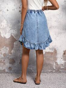 EMERY ROSE Falda informal de mezclilla lavada con dobladillo con volantes para vacaciones - Azul - Ver 2