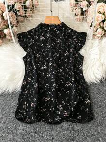 SHEIN LUNE Camisa suelta de verano para mujeres con cuello de pie adornado con volantes, estampado floral y mangas abullonadas con volantes