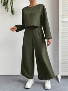 SHEIN Essnce Conjunto casual de 2 piezas con top de manga larga y pantalones de color liso para mujer