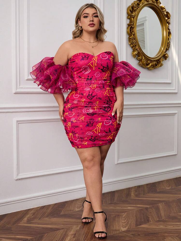 Designer Plus Size Summer Sexy Crown Letter Print Off Shoulder Ruffle Sleeve Ruched Bodycon Mini Dress Outfit, Summer Elegant Dress, For Holiday, Party, Birthday Outfits, Festival, Wedding, Prom Dress
