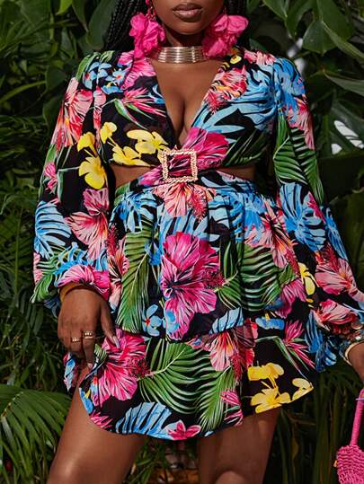 Holiday Music Festival Date Night Sexy Waist Cut Out Open Back Thin Strap Long Sleeve Chiffon Printed Dress For Women