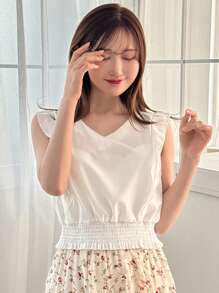 FRIFUL Versatile Simple Daily Cropped Cap Sleeve Shirt,Ruffle