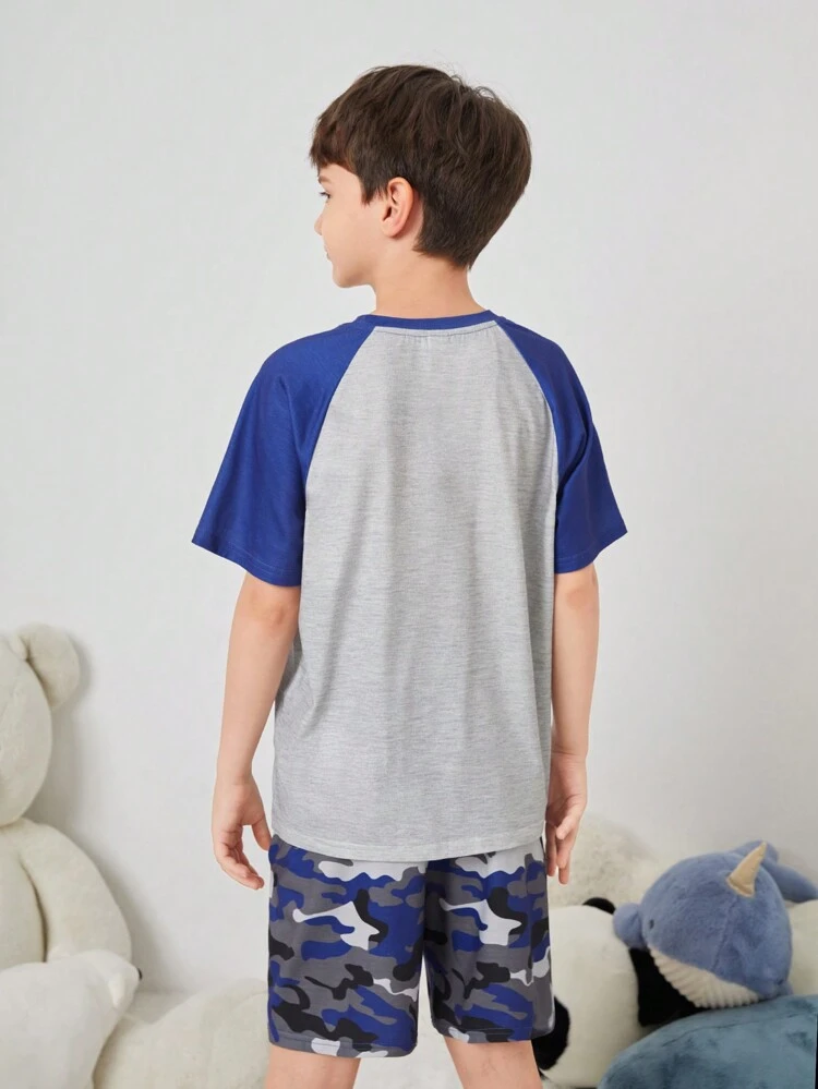 Tween Boy Summer Casual Color Block Short Sleeve Tee With Letter Print And Camouflage Pattern Shorts Flame-Retardant Pajama Set